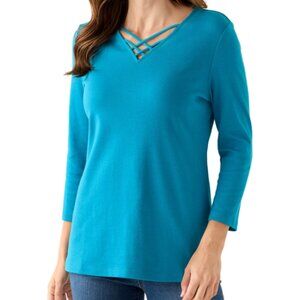 Kim Rogers Women's With Criss-Cross Front Detailed V-Neck Shirt, ¾ Sleeve, Large